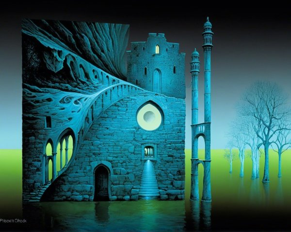 Surreal Landscape with Architecture and Nature Elements