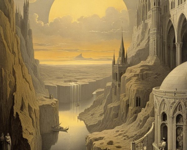Surreal Landscape with Gothic Structures and River