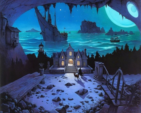 Mystical Cave Scene with Grand House and Moonlit Sea