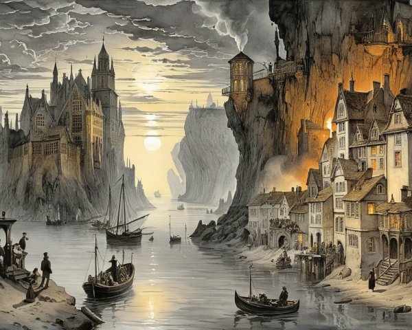 Tranquil River with Castles and Dramatic Sunset