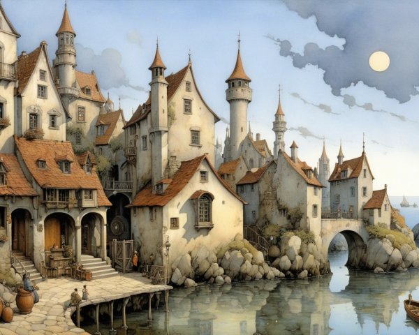 Fantasy Village by Water with Whimsical Architecture