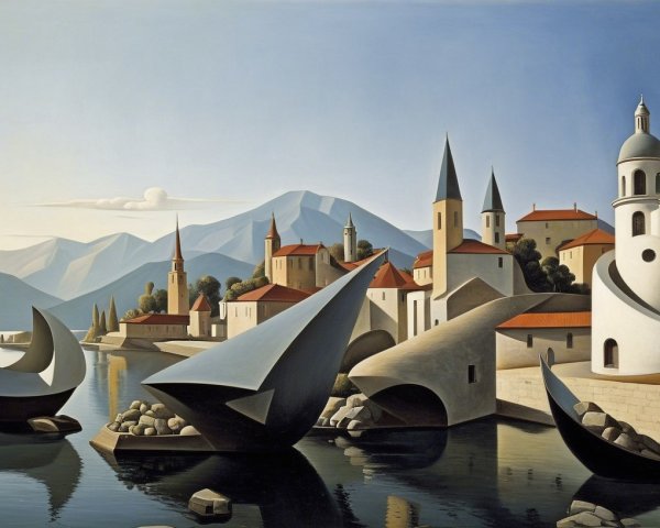 Lakeside Village with Unique Architecture and Mountains