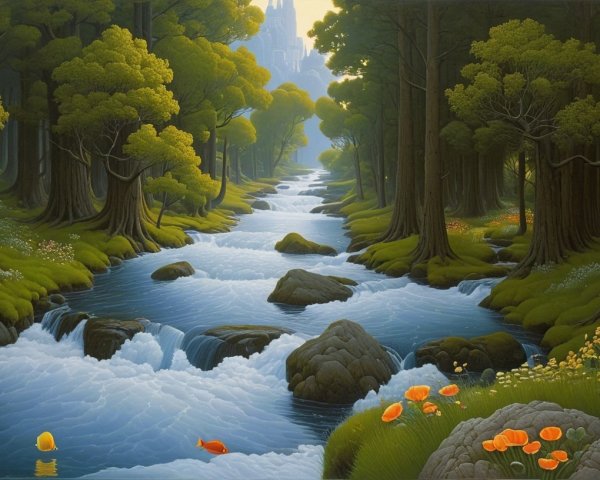 Tranquil Stream in Lush Green Forest Landscape