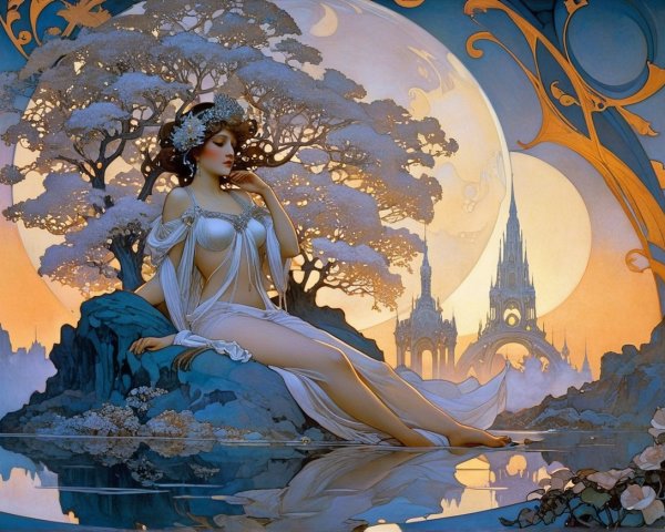 Ethereal Woman on Rocky Shore Under Luminous Moon