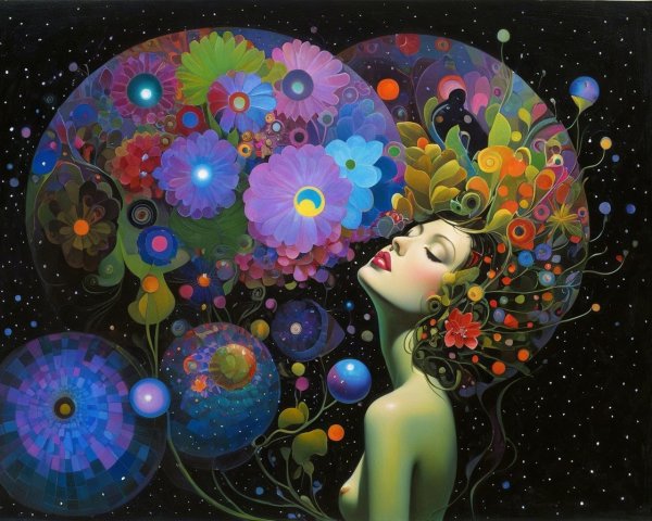 Whimsical Portrait of Woman with Floral Adornments