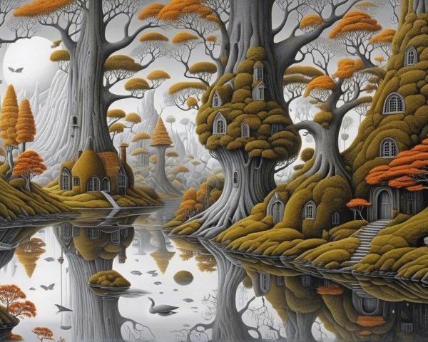 Whimsical Landscape with Twisting Trees and Houses