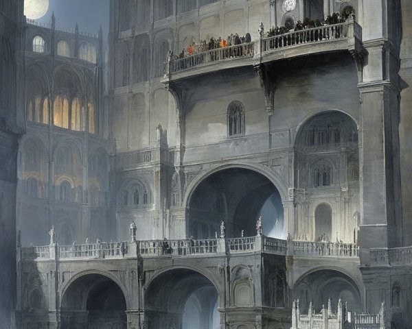 Mist-Covered Architectural Marvel in Ethereal Landscape