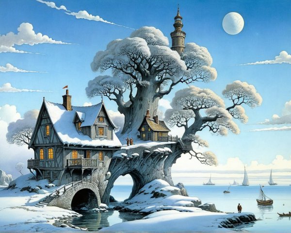 Whimsical Winter Scene with Houses in Snowy Tree