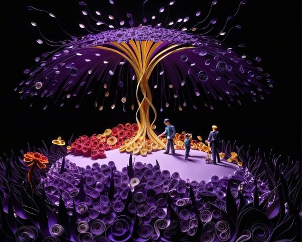 Whimsical Paper Art Scene with Purple Tree and Flowers