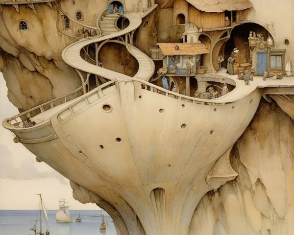 Surreal Cityscape Integrated with Cliffside Landscape