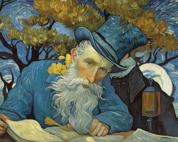 Elderly Man Writing Surrounded by Trees and Sky