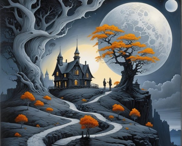 Gothic Mansion on Cliff with Twisted Trees and Moonlight