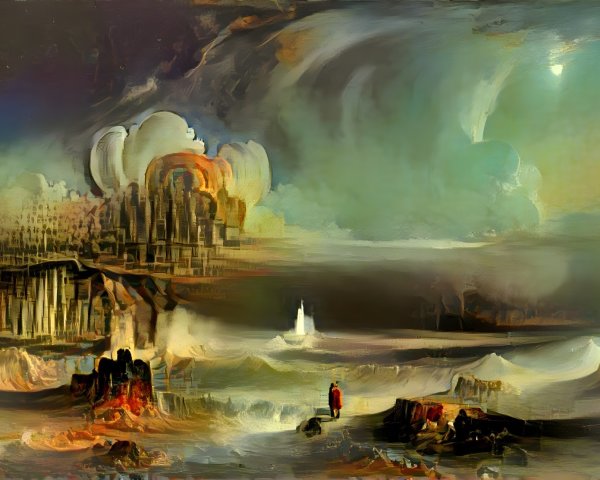 Surreal Landscape with Abstract Structures and Waves