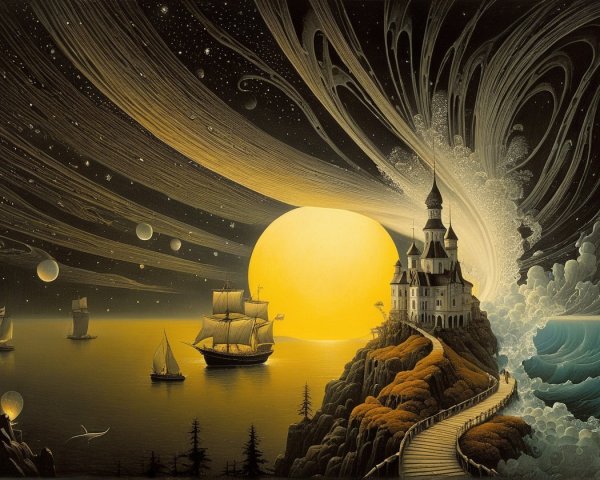 Surreal Landscape with Castle and Cosmic Sky Elements