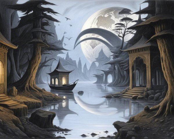 Mystical Landscape with Pavilions and Moonlit Lake
