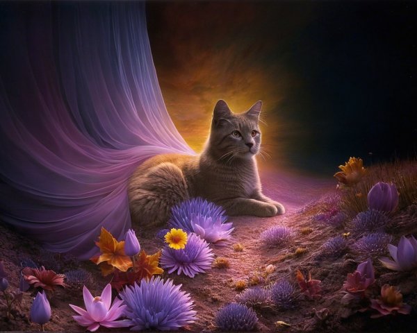 Cat Among Vibrant Flowers in Dreamlike Landscape