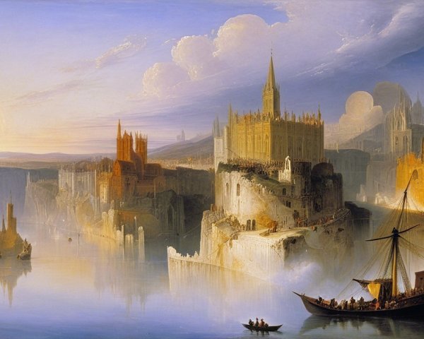Serene Landscape with Castles and Tranquil River