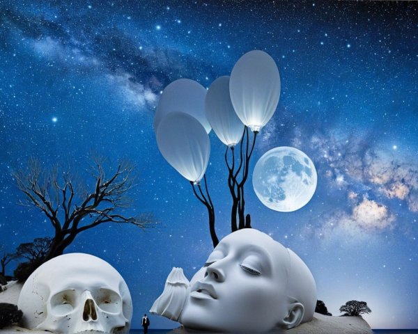 Surreal Landscape with Moon, Sculptures, and Balloons