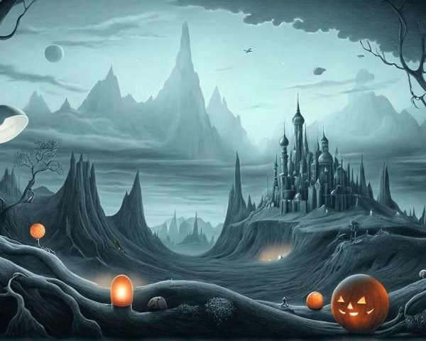 Whimsical Halloween Landscape with Eerie Castle and Pumpkins