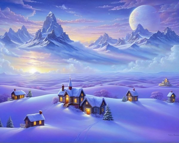 Serene Winter Landscape with Cottages and Mountains