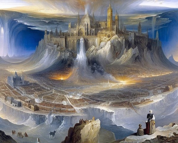Fantasy Landscape with City, Waterfalls, and Cliffs