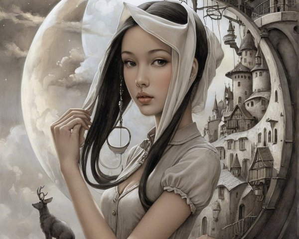 Young woman in gray dress with moons and deer backdrop