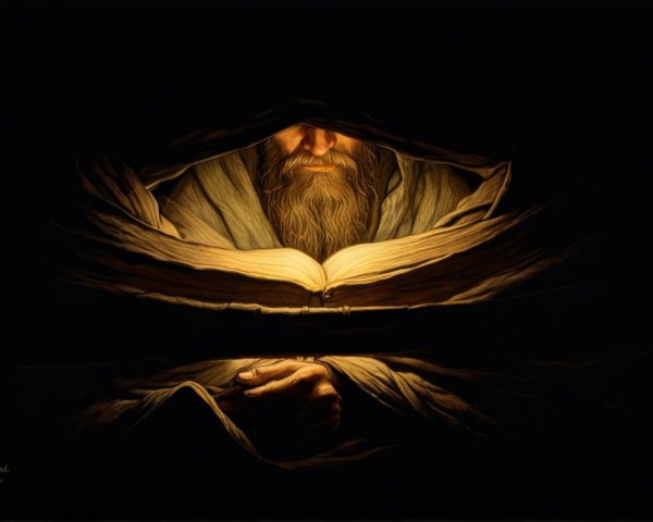 Mysterious Figure with Ancient Book in Shadows