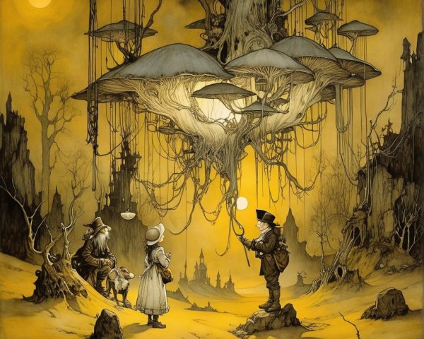 Whimsical Landscape with Mushrooms and Two Suns