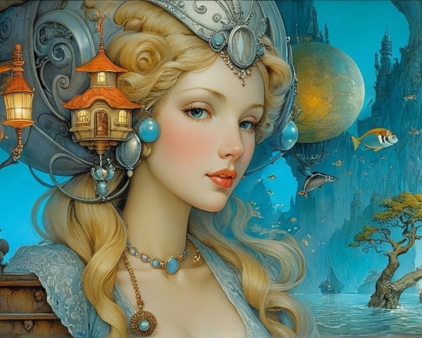 Fantasy Scene with Young Woman and Whimsical Landscape