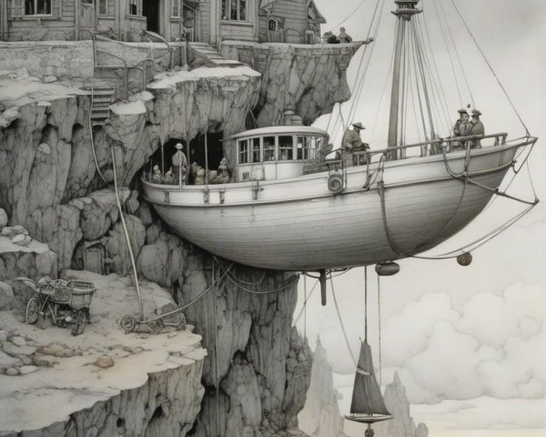Whimsical Cliffside House with Floating Boat and Bicycle