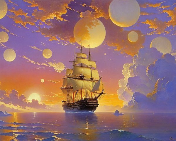 Majestic sailing ship on calm waters at twilight