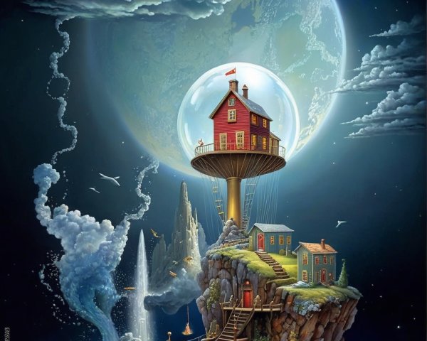 Whimsical Red House on Floating Rock with Waterfalls