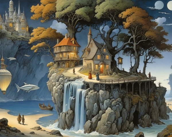 Magical Cliffside Village at Dusk with Fantasy Houses