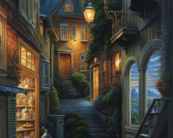 Charming Cobblestone Alleyway with Vintage Street Lamps