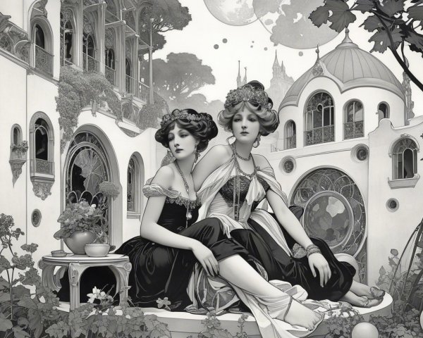 Elegant Women in Art Nouveau Courtyard Setting