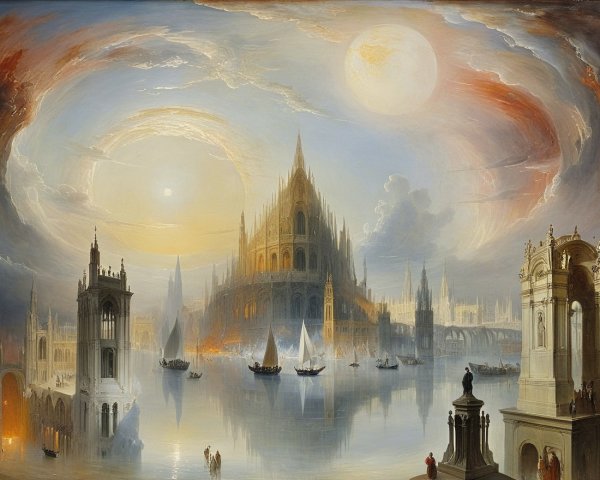 Fantastical cityscape with ornate castle and reflections