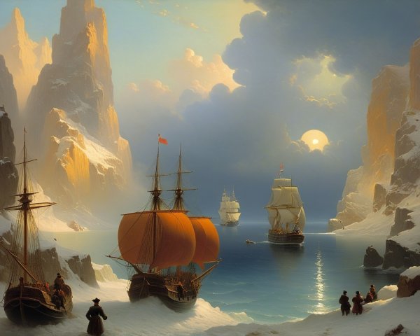 Icy Landscape with Sailing Ships at Sunset