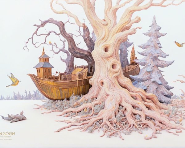 Whimsical Scene with Carved Tree and Fantasy Elements