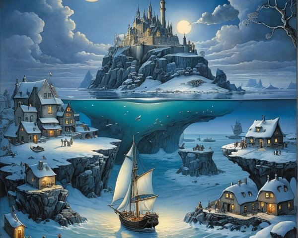 Magical Winter Scene with Castle and Tranquil Sea