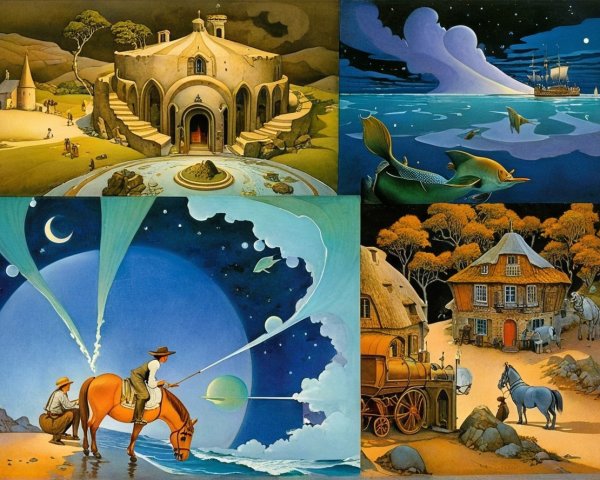 Surreal Landscape with Four Distinct Scenes