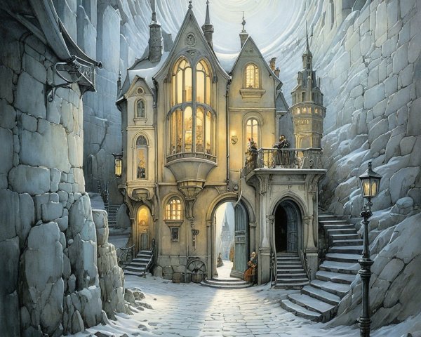 Fairy-tale structure in a snowy cobblestone alley