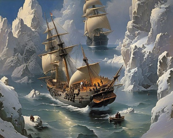 Tall Ship Navigating Icy Waters with Icebergs