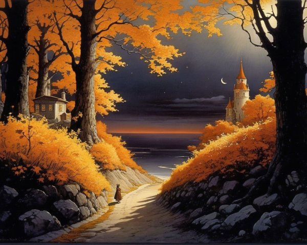 Autumn Pathway to Serene Coastline and Castle