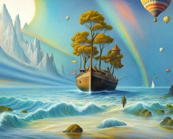 Surreal Landscape with Ship and Vibrant Nature Elements