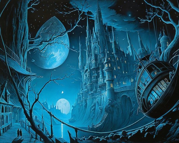 Moonlit Gothic Castle Landscape with Serene Waterway
