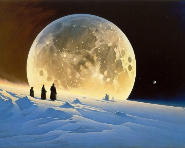 Surreal Landscape with Luminous Moon and Silhouettes