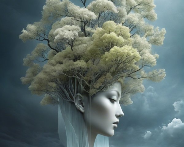 Surreal landscape with giant fabric face and trees