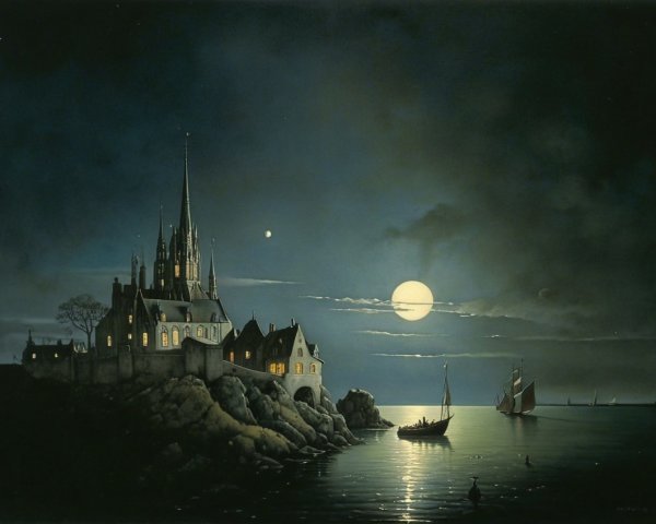 Majestic Castle on Cliffs Under Full Moonlight