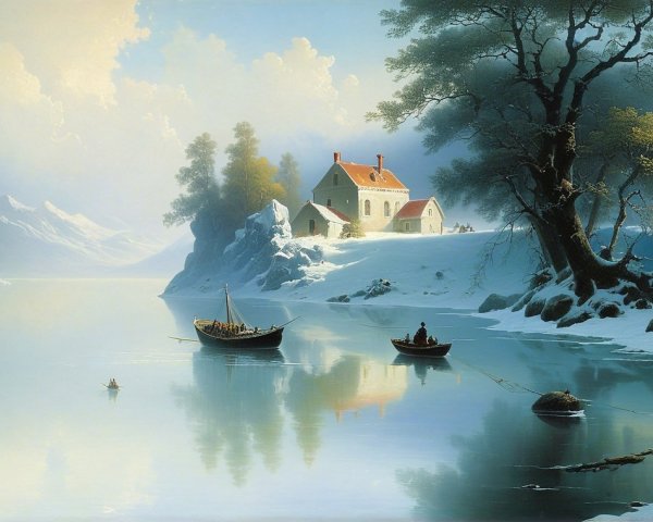 Winter Landscape with Snow-Covered Mountains and Cottage