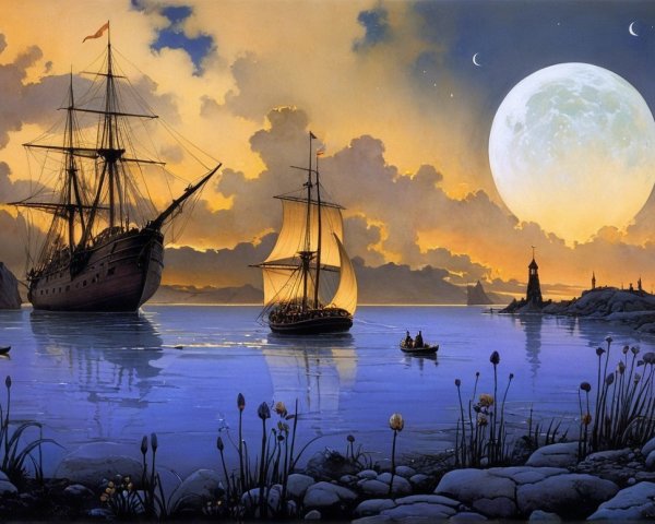 Twilight Scene with Ships and Full Moon Over Water